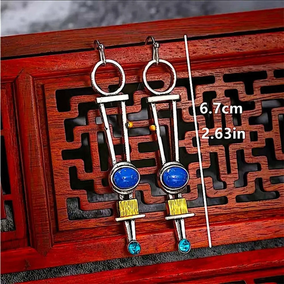 Silver Vintage Handmade Geometric Boho Abstract Dangle Handmade Earrings - Picture 4 of 6